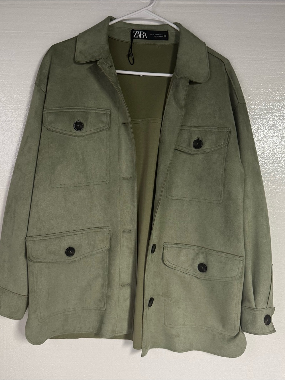 Zara Jacket Women XS Olive Green Faux Suede Utility Overshirt Button Front Soft